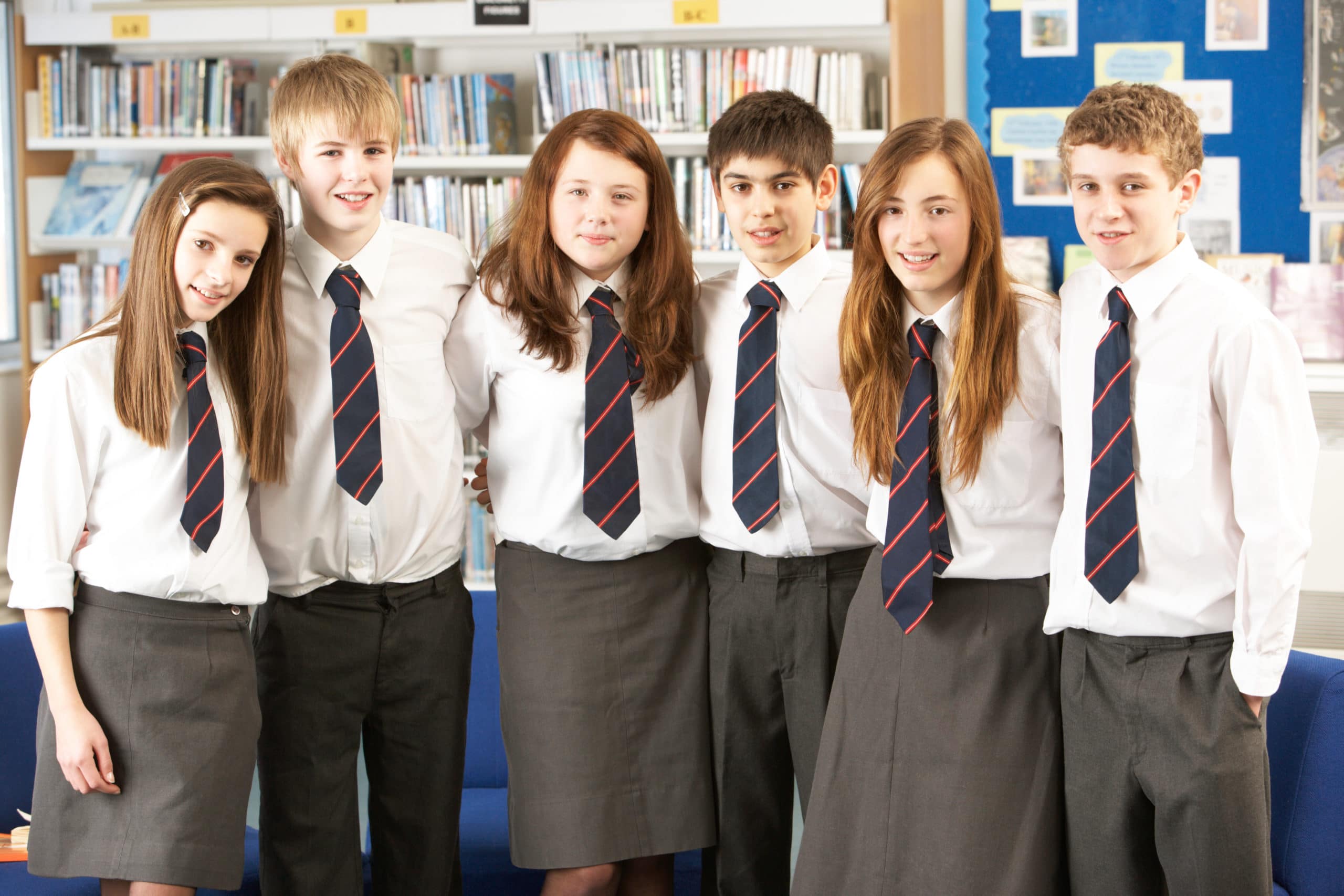 A group of male and female students in the school library