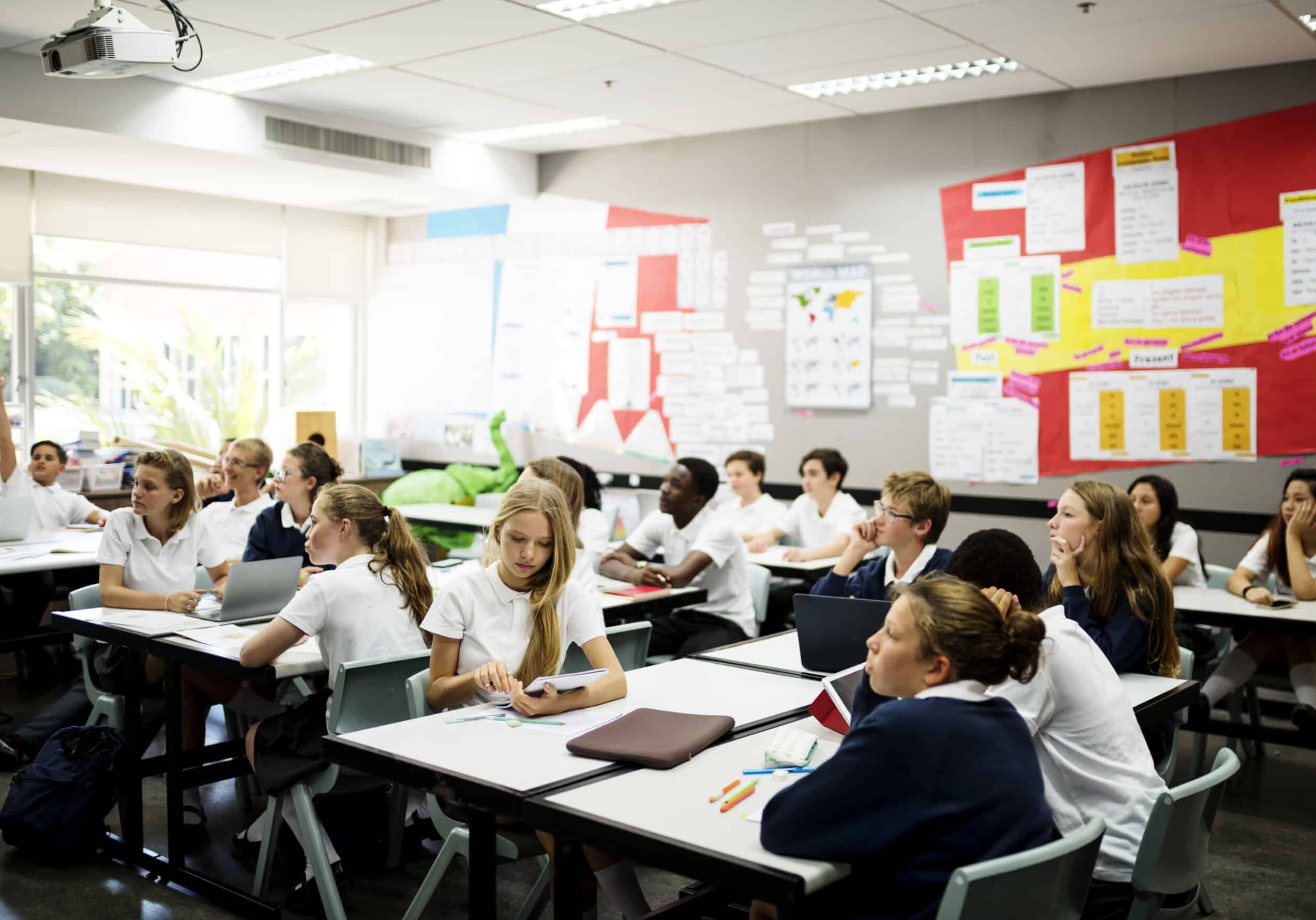 School children sitting at their desks in a classroom